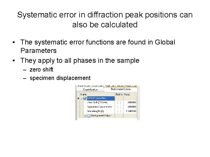 Systematic error in diffraction peak positions can also be calculated • The systematic error