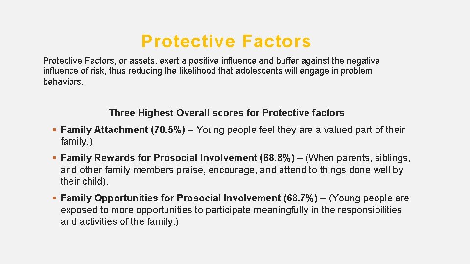 Protective Factors, or assets, exert a positive influence and buffer against the negative influence