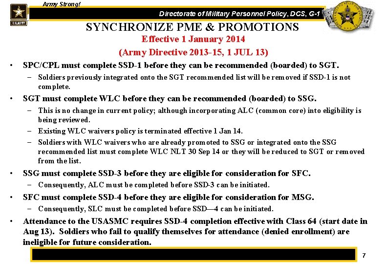 Army Strong! One Directorate of Military Personnel Policy, DCS, G-1 SYNCHRONIZE PME & PROMOTIONS