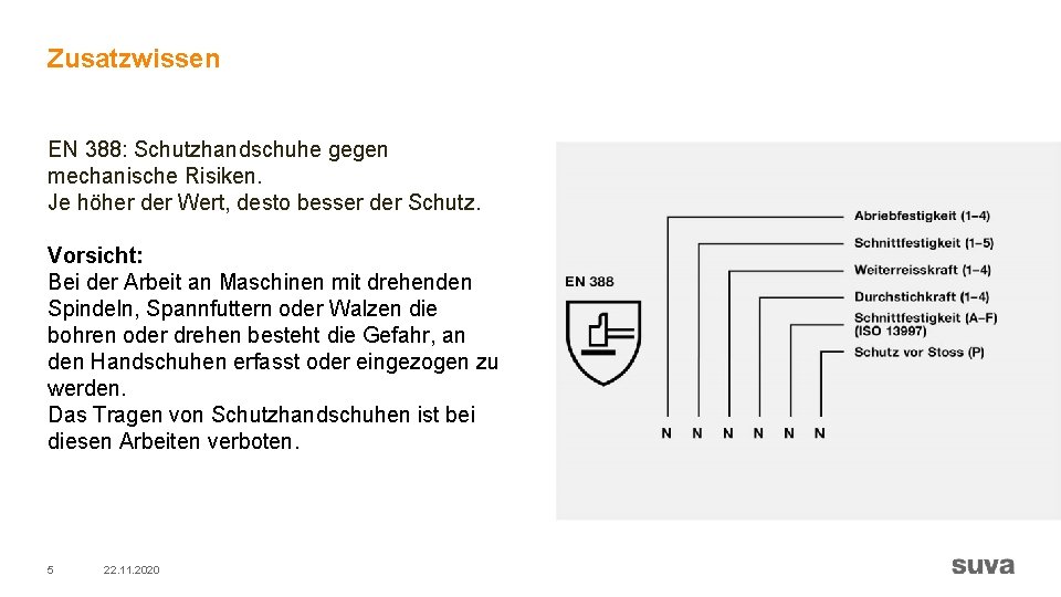 Zusatzwissen EN 388: Schutzhandschuhe gegen mechanische Risiken. Je höher der Wert, desto besser der