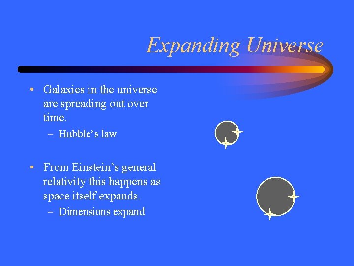 Expanding Universe • Galaxies in the universe are spreading out over time. – Hubble’s