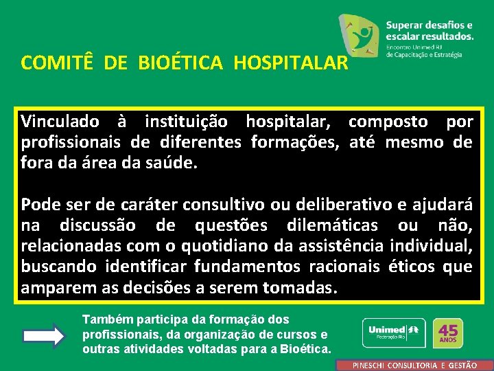 COMITÊ DE BIOÉTICA HOSPITALAR Vinculado à instituição hospitalar, composto por profissionais de diferentes formações,