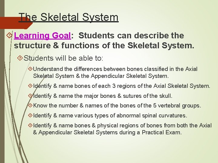 The Skeletal System Learning Goal: Students can describe the structure & functions of the