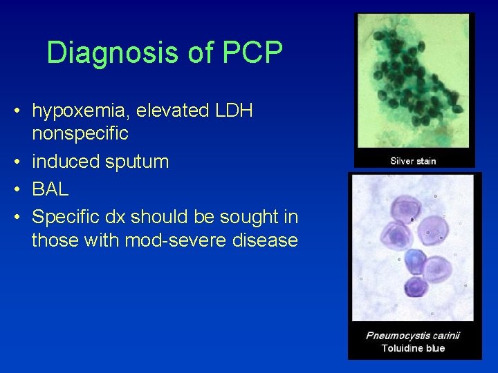Diagnosis of PCP • hypoxemia, elevated LDH nonspecific • induced sputum • BAL •