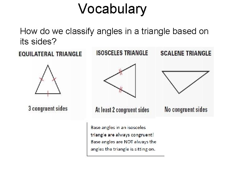 Vocabulary How do we classify angles in a triangle based on its sides? 