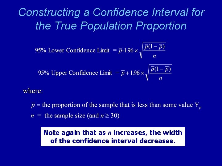 Constructing a Confidence Interval for the True Population Proportion where: Note again that as