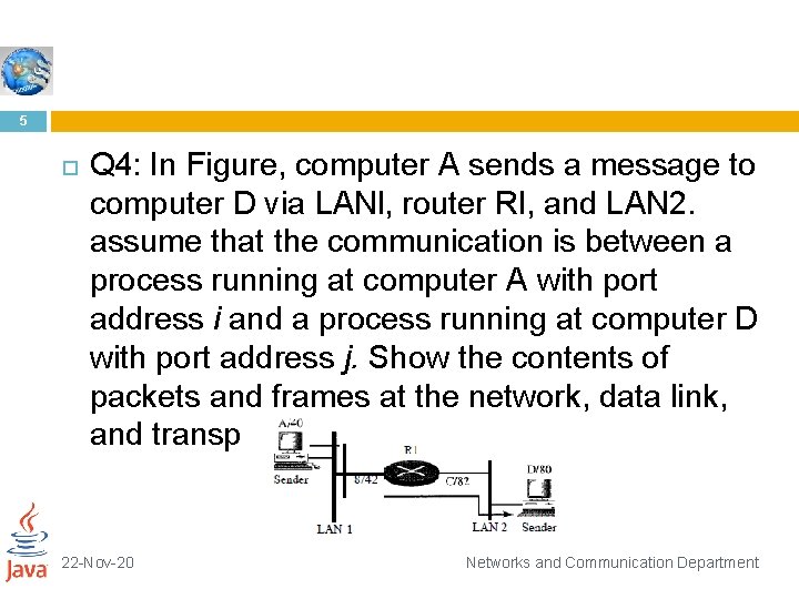 5 Q 4: In Figure, computer A sends a message to computer D via