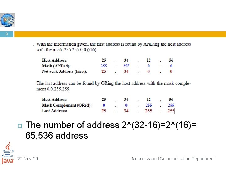 9 The number of address 2^(32 -16)=2^(16)= 65, 536 address 22 -Nov-20 Networks and