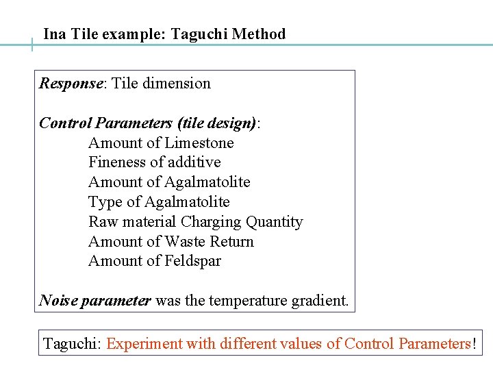 Ina Tile example: Taguchi Method Response: Tile dimension Control Parameters (tile design): Amount of