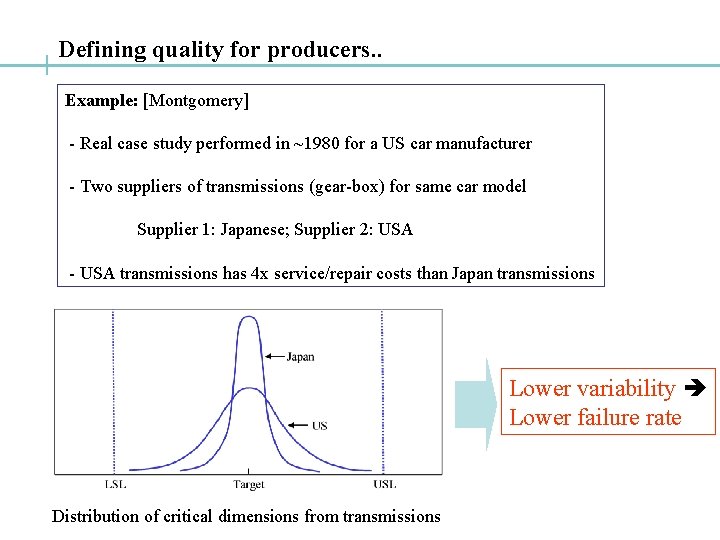 Defining quality for producers. . Example: [Montgomery] - Real case study performed in ~1980