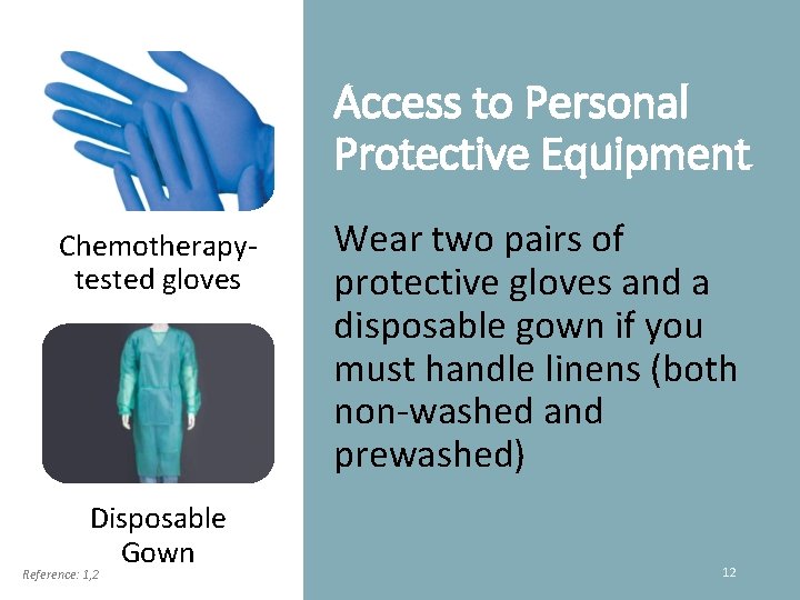 Access to Personal Protective Equipment Chemotherapytested gloves Disposable Gown Reference: 1, 2 Wear two