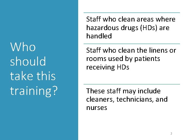 Who should take this training? Staff who clean areas where hazardous drugs (HDs) are