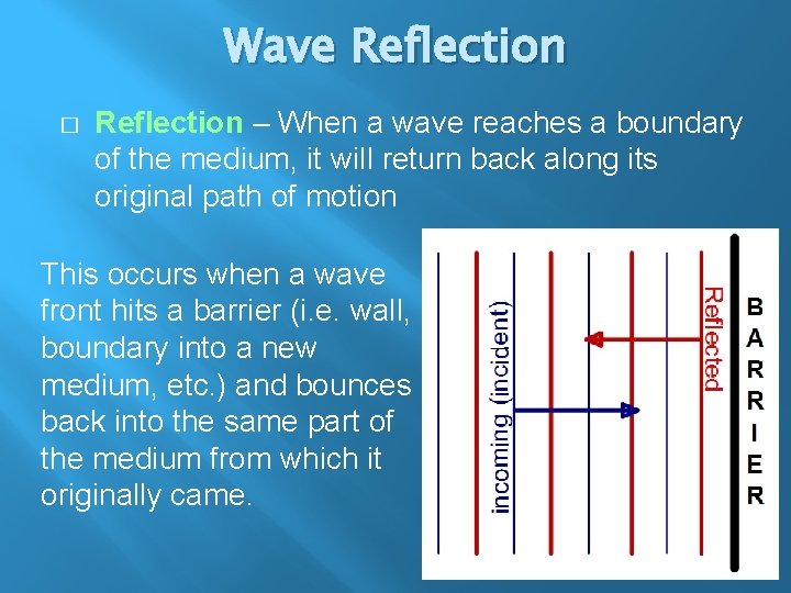 Wave Reflection � Reflection – When a wave reaches a boundary of the medium,