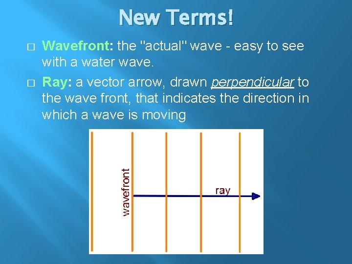 New Terms! � � Wavefront: the "actual" wave - easy to see with a