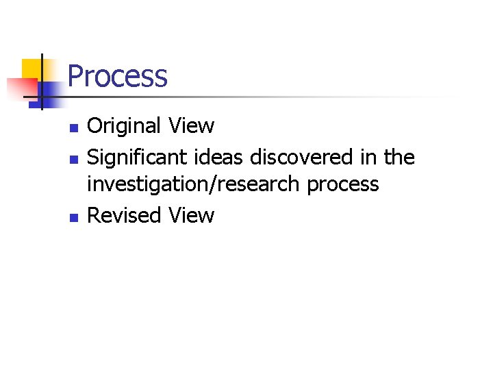 Process n n n Original View Significant ideas discovered in the investigation/research process Revised