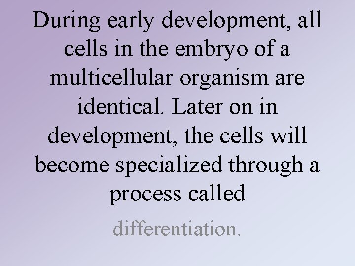 During early development, all cells in the embryo of a multicellular organism are identical. During early development, all cells in the embryo of a multicellular organism are identical.