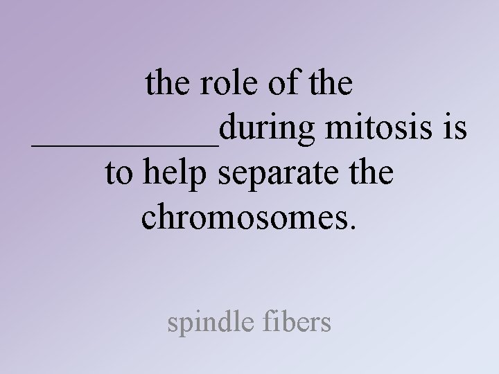 the role of the _____during mitosis is to help separate the chromosomes. spindle fibers the role of the _____during mitosis is to help separate the chromosomes. spindle fibers