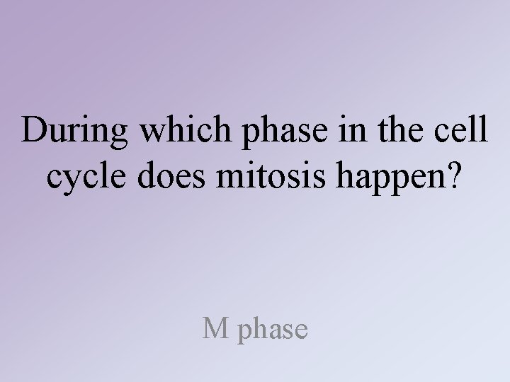 During which phase in the cell cycle does mitosis happen? M phase During which phase in the cell cycle does mitosis happen? M phase