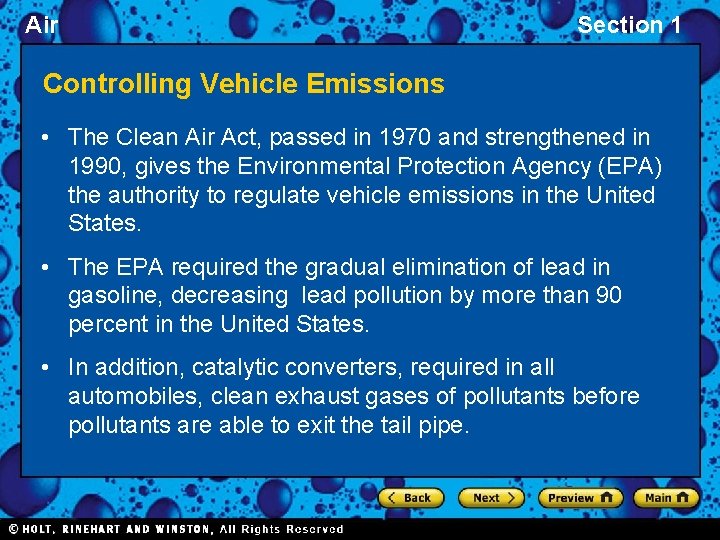 Air Section 1 Controlling Vehicle Emissions • The Clean Air Act, passed in 1970