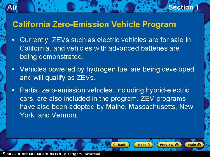 Air Section 1 California Zero-Emission Vehicle Program • Currently, ZEVs such as electric vehicles