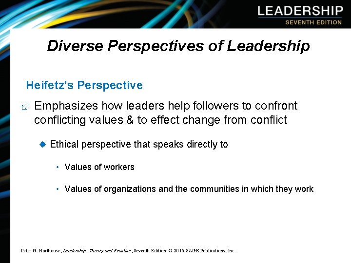 Diverse Perspectives of Leadership Heifetz’s Perspective ÷ Emphasizes how leaders help followers to confront