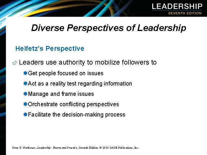 Diverse Perspectives of Leadership Heifetz’s Perspective ÷ Leaders use authority to mobilize followers to