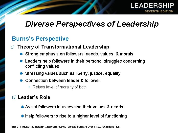 Diverse Perspectives of Leadership Burns’s Perspective ÷ Theory of Transformational Leadership ® Strong emphasis