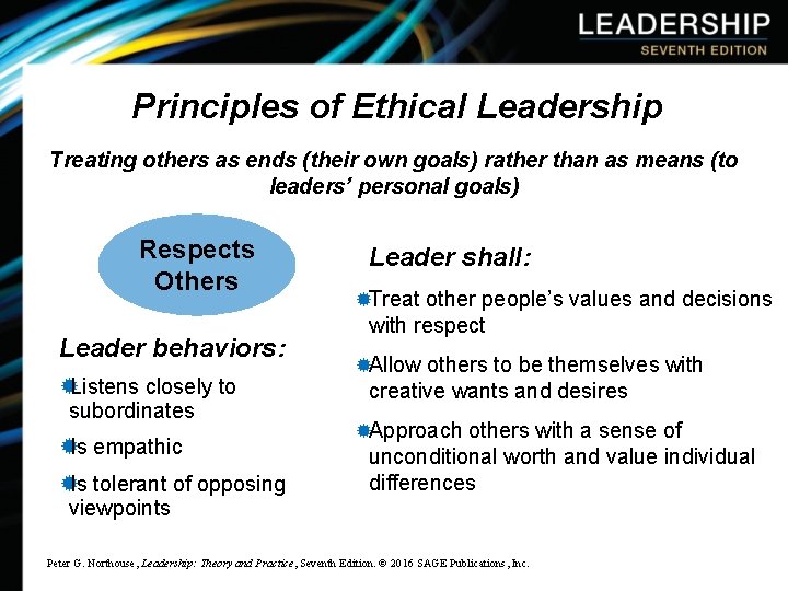Principles of Ethical Leadership Treating others as ends (their own goals) rather than as