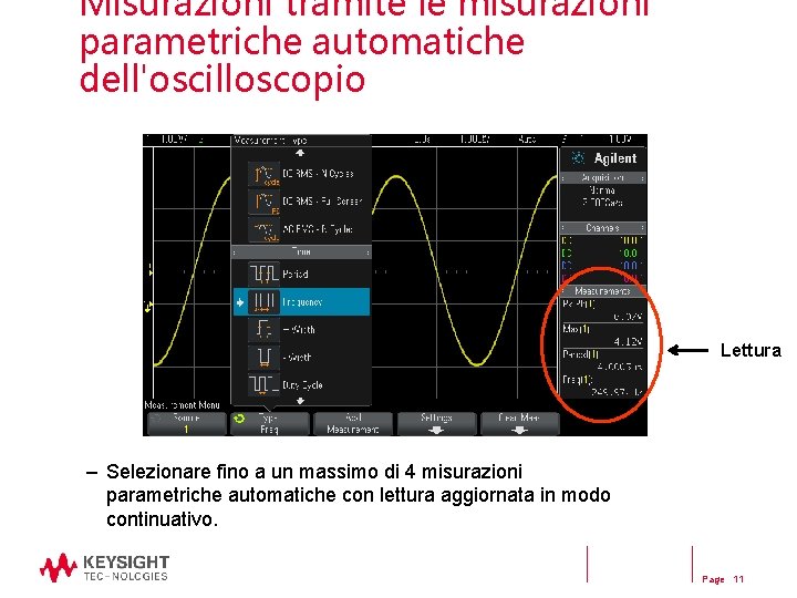Misurazioni tramite le misurazioni parametriche automatiche dell'oscilloscopio Lettura – Selezionare fino a un massimo