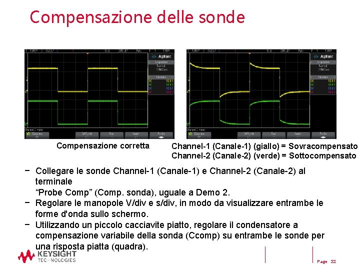 Compensazione delle sonde Compensazione corretta Channel-1 (Canale-1) (giallo) = Sovracompensato Channel-2 (Canale-2) (verde) =