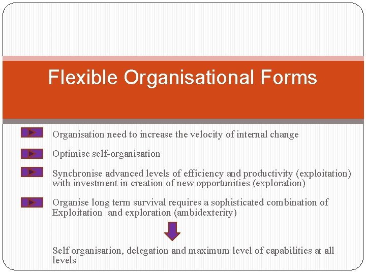 Flexible Organisational Forms Organisation need to increase the velocity of internal change Optimise self-organisation