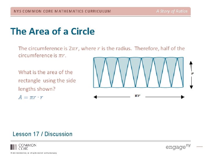 NYS COMMON CORE MATHEMATICS CURRICULUM The Area of a Circle Lesson 17 / Discussion