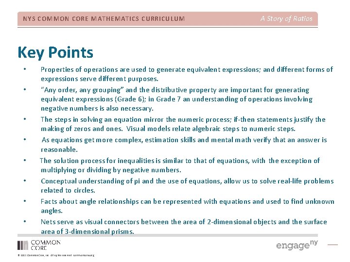 NYS COMMON CORE MATHEMATICS CURRICULUM A Story of Ratios Key Points • • Properties