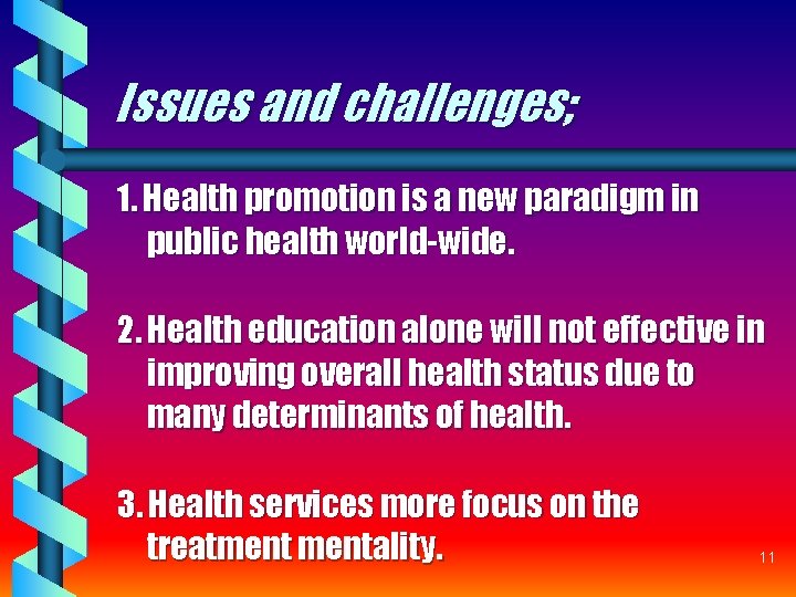 Issues and challenges; 1. Health promotion is a new paradigm in public health world-wide. Issues and challenges; 1. Health promotion is a new paradigm in public health world-wide.