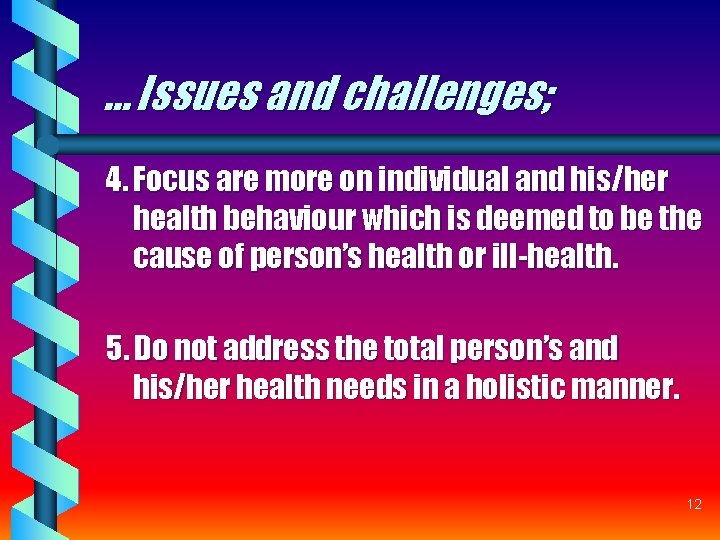 … Issues and challenges; 4. Focus are more on individual and his/her health behaviour … Issues and challenges; 4. Focus are more on individual and his/her health behaviour