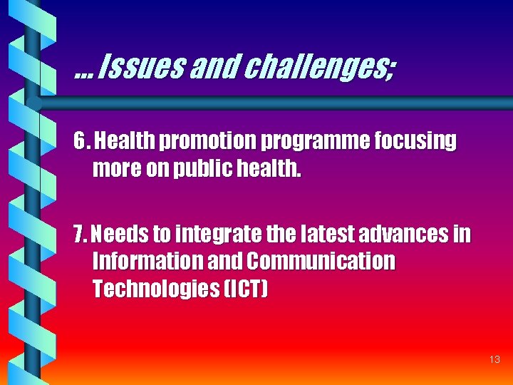 … Issues and challenges; 6. Health promotion programme focusing more on public health. 7. … Issues and challenges; 6. Health promotion programme focusing more on public health. 7.