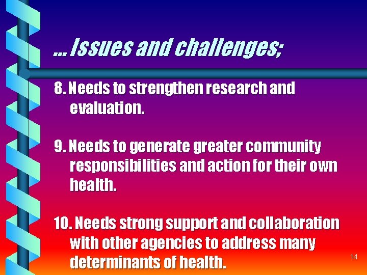 … Issues and challenges; 8. Needs to strengthen research and evaluation. 9. Needs to … Issues and challenges; 8. Needs to strengthen research and evaluation. 9. Needs to