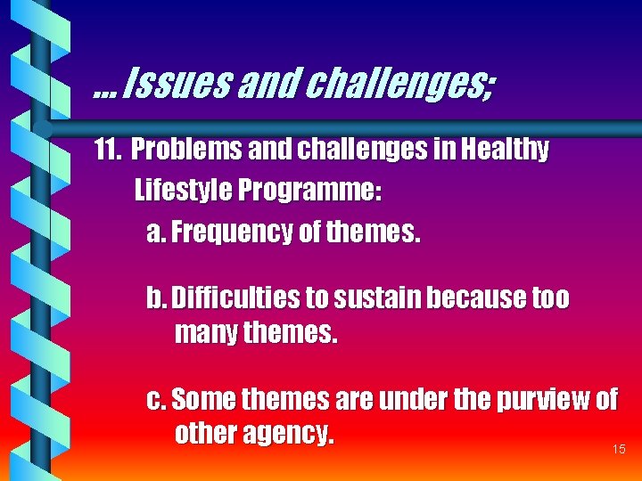 … Issues and challenges; 11. Problems and challenges in Healthy Lifestyle Programme: a. Frequency … Issues and challenges; 11. Problems and challenges in Healthy Lifestyle Programme: a. Frequency