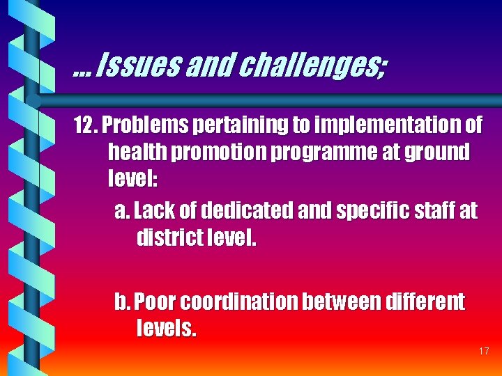 … Issues and challenges; 12. Problems pertaining to implementation of health promotion programme at … Issues and challenges; 12. Problems pertaining to implementation of health promotion programme at