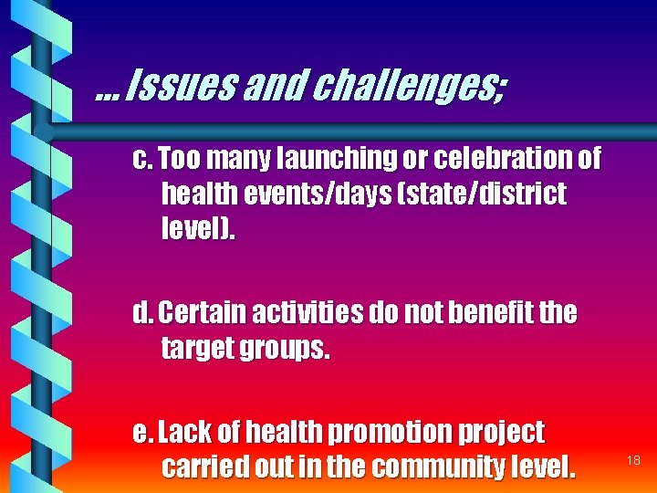 … Issues and challenges; c. Too many launching or celebration of health events/days (state/district … Issues and challenges; c. Too many launching or celebration of health events/days (state/district