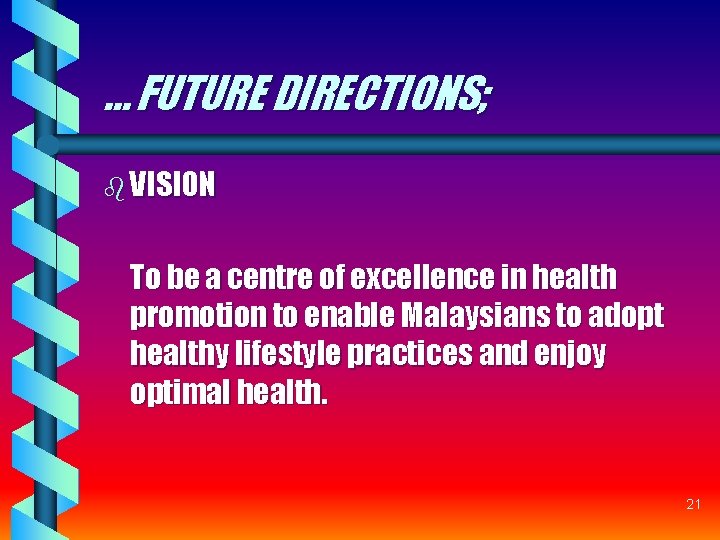 … FUTURE DIRECTIONS; b VISION To be a centre of excellence in health promotion … FUTURE DIRECTIONS; b VISION To be a centre of excellence in health promotion