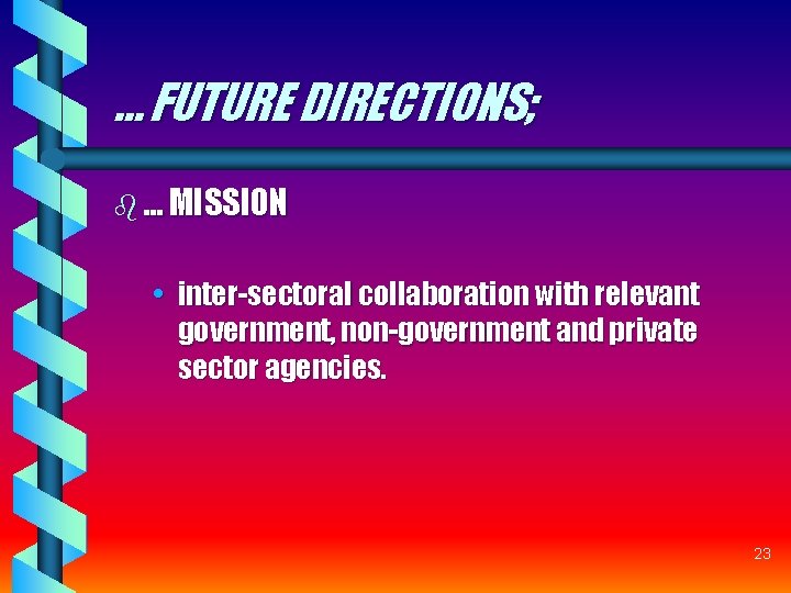 … FUTURE DIRECTIONS; b … MISSION • inter-sectoral collaboration with relevant government, non-government and … FUTURE DIRECTIONS; b … MISSION • inter-sectoral collaboration with relevant government, non-government and