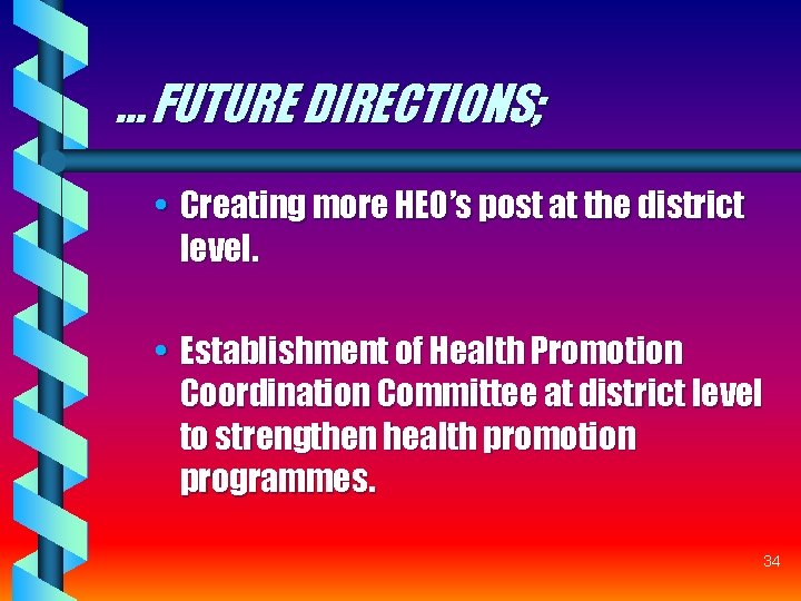 … FUTURE DIRECTIONS; • Creating more HEO’s post at the district level. • Establishment … FUTURE DIRECTIONS; • Creating more HEO’s post at the district level. • Establishment