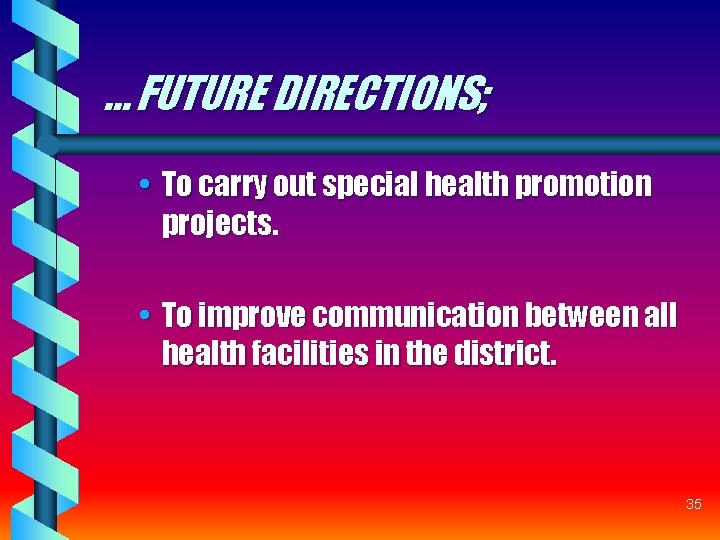 … FUTURE DIRECTIONS; • To carry out special health promotion projects. • To improve … FUTURE DIRECTIONS; • To carry out special health promotion projects. • To improve