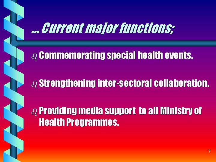 … Current major functions; b Commemorating special health events. b Strengthening inter-sectoral collaboration. b … Current major functions; b Commemorating special health events. b Strengthening inter-sectoral collaboration. b