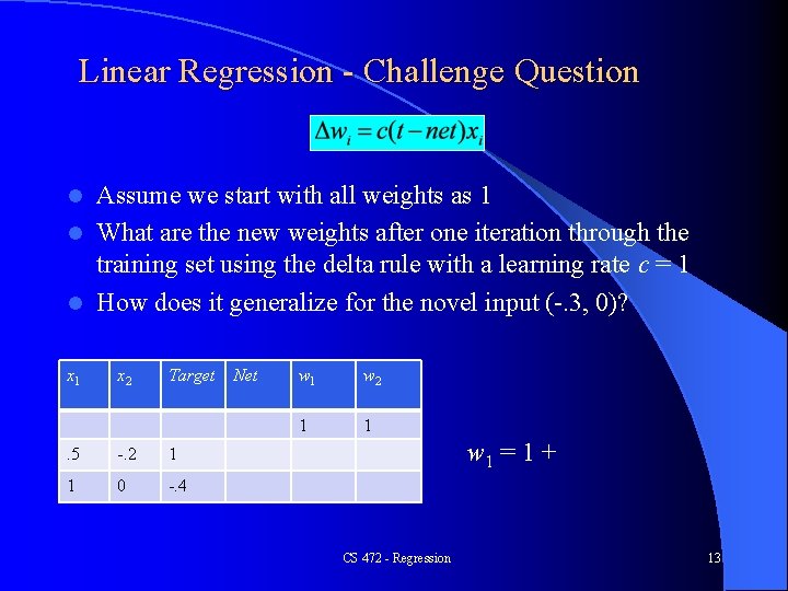 Linear Regression - Challenge Question Assume we start with all weights as 1 l Linear Regression - Challenge Question Assume we start with all weights as 1 l