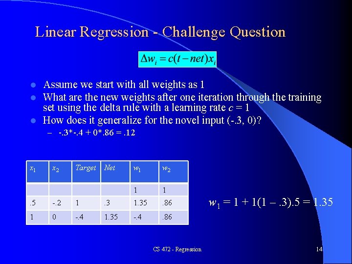 Linear Regression - Challenge Question Assume we start with all weights as 1 What Linear Regression - Challenge Question Assume we start with all weights as 1 What