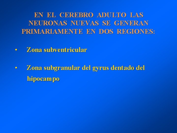 EN EL CEREBRO ADULTO LAS NEURONAS NUEVAS SE GENERAN PRIMARIAMENTE EN DOS REGIONES: •