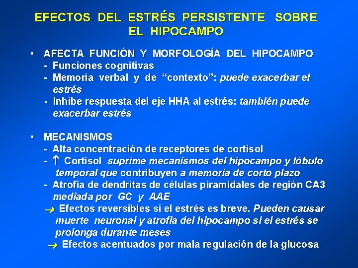 EFECTOS DEL ESTRÉS PERSISTENTE SOBRE EL HIPOCAMPO • AFECTA FUNCIÓN Y MORFOLOGÍA DEL HIPOCAMPO