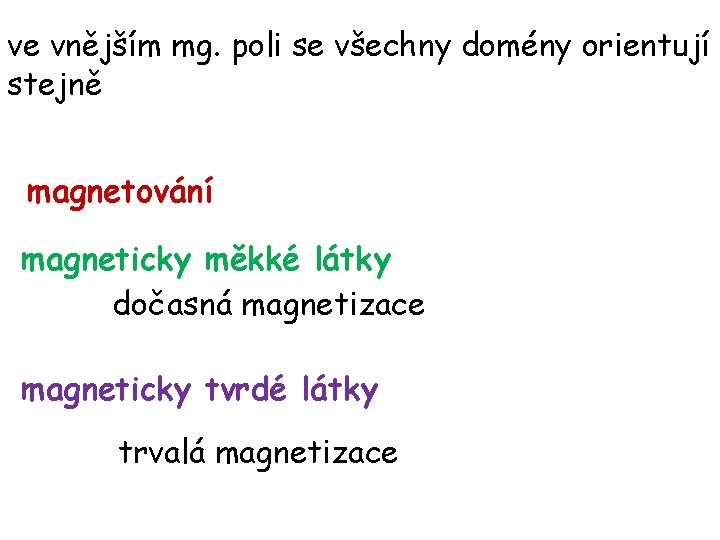 ve vnějším mg. poli se všechny domény orientují stejně magnetování magneticky měkké látky dočasná